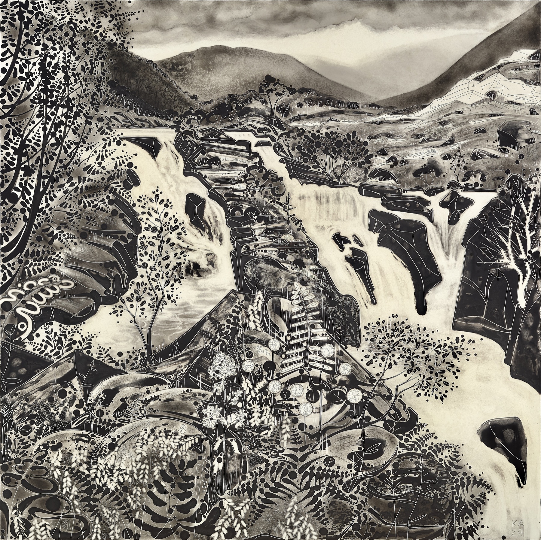 Towards the Headwaters, a monochrome Welsh landscape artwork by Katie Allen