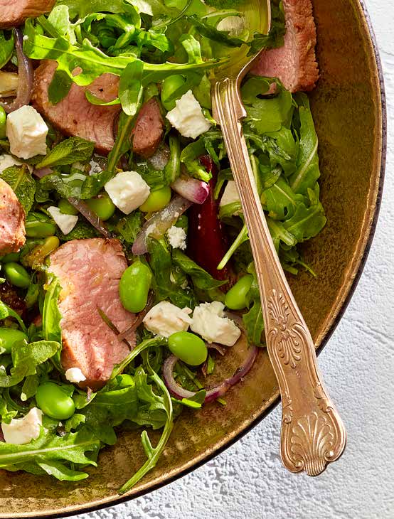 Slices of pan-fried Welsh Lamb served with broad bean, beetroot and feta salad