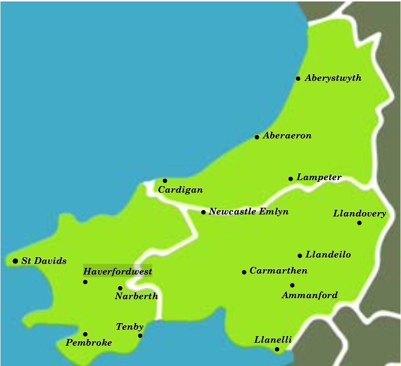 Map showing key West Wales distribution locations across Pembrokeshire, Carmarthenshire and Ceredigion